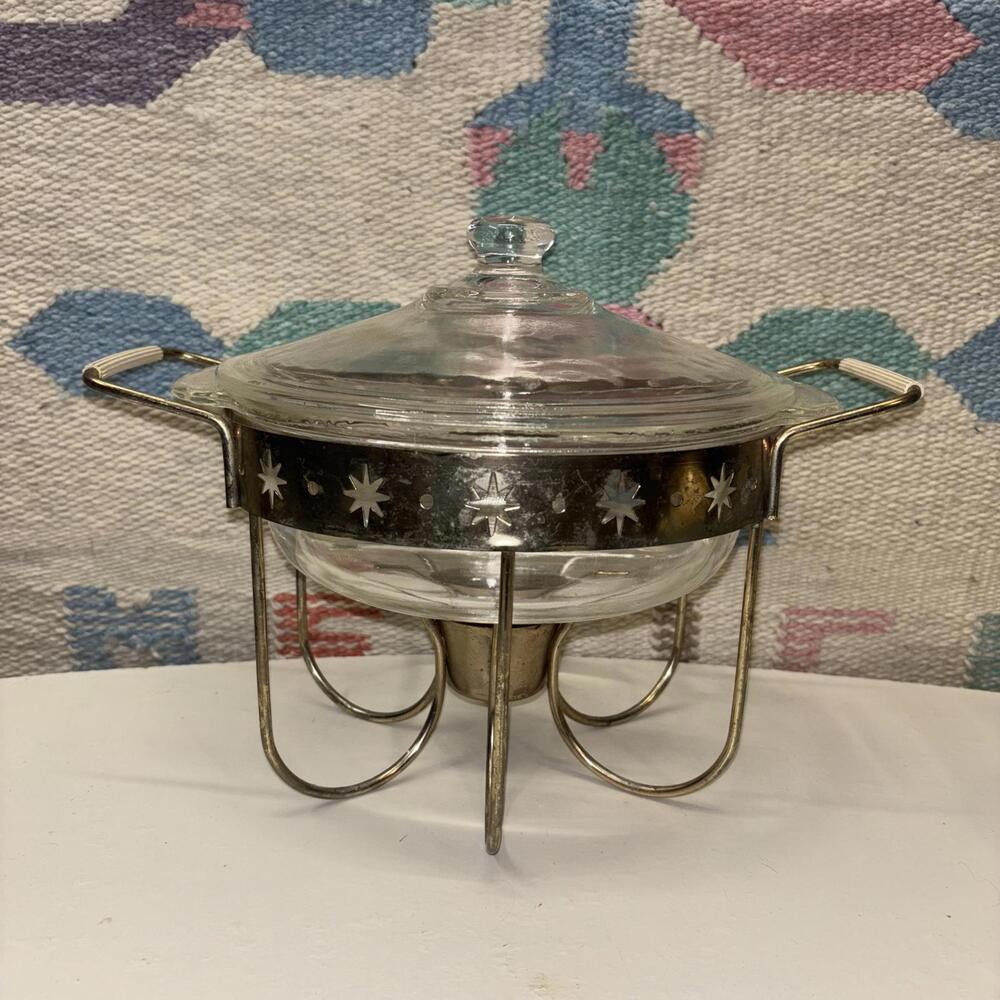 MCM divided Fire-King 1.5 quart  casserole dish with stand/warmer